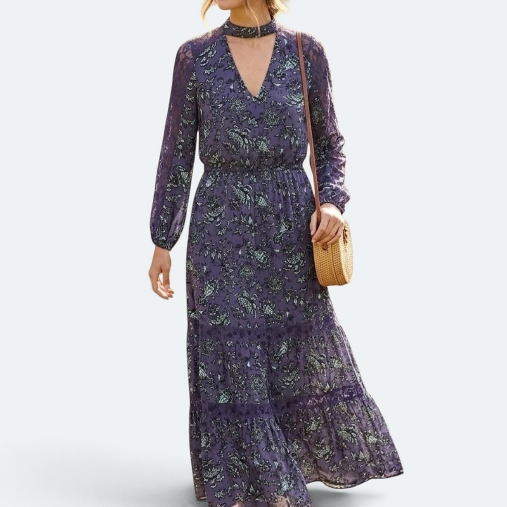 Belle + Sky Womens XXL Purple Floral Lace Trim Tiered Midi Dress Flowy